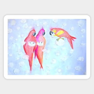 Three parrots among the clouds. Naive-art Sticker